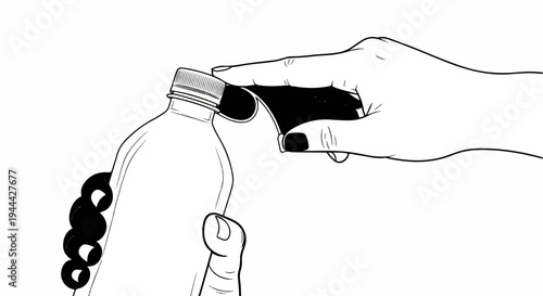 Hand opening a plastic bottle with a serrated cap and rings on the neck