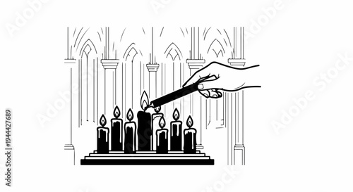 Hand lights a tall candle in a row of illuminated candles within an arched hall