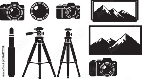Photography equipment and mountain landscape icons in black and white