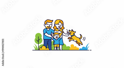 Happy family playing with energetic dog in a park, enjoying outdoor fun
