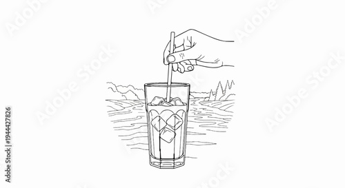 Hand stirs ice cubes in tall glass with straw, set against scenic landscape