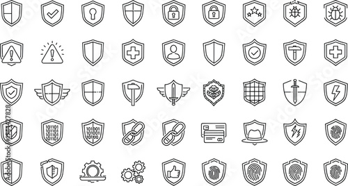 Security shield icons set, protection symbols, cybersecurity safety, lock key privacy, medical cross, warning signs, fingerprint, gear, binary code