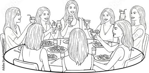 Happy friends enjoying a meal and drinks at a round table