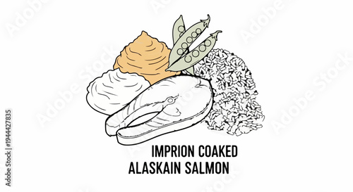 Illustration of a salmon steak, rice, mashed potatoes, and peas