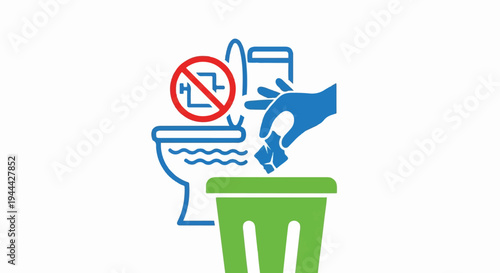 Hand throws trash into bin next to toilet with prohibition sign