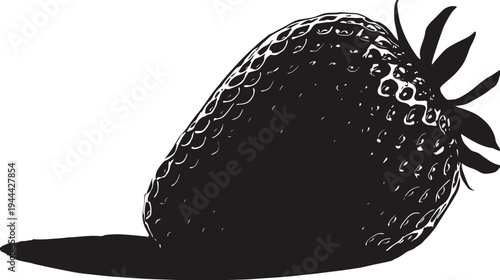 Stylized, black and white depiction of a strawberry, with detailed seed and leaf textures