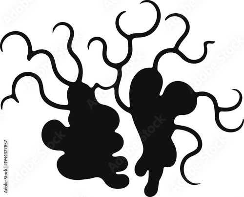 Abstract black inkblot design with swirling and branching patterns resembling human figures