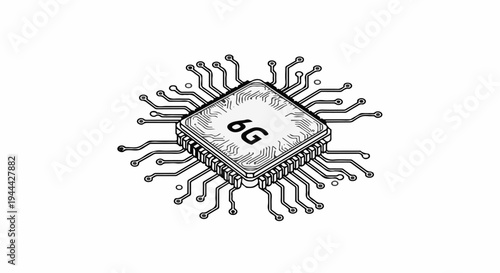 Illustration of a square microchip with '6G' marked on it, surrounded by electrical pathways