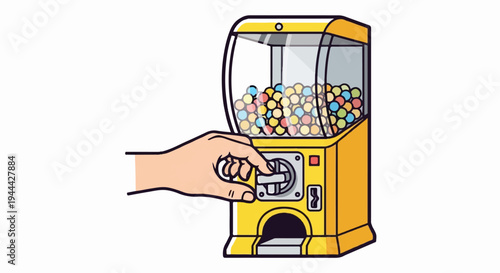 Hand turning a dial on a colorful gumball machine filled with treats
