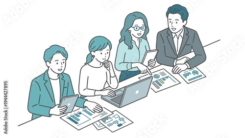 ビジネスチームがデータ分析を行うミーティングのイラスト