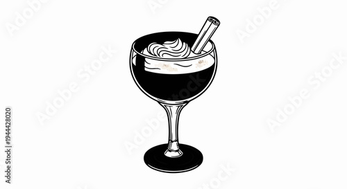 Hand-drawn coffee drink in glass with whipped cream, cinnamon