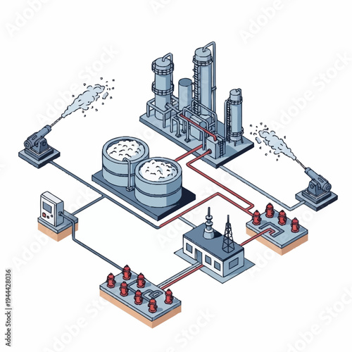 Isometric Industrial Plant with Storage Tanks and Water Cannons.
