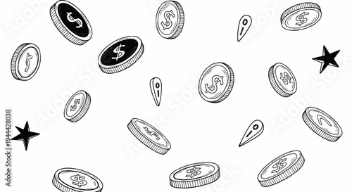 Hand-drawn cartoon-style gold coins and stars scattered on white