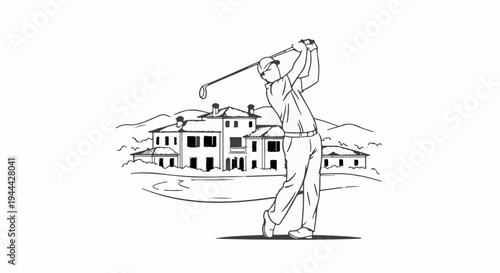 Golfer swings club in front of mansion and rolling hills