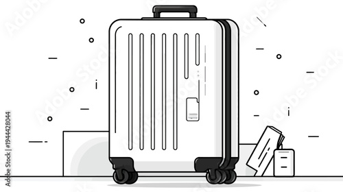 Stylized monochrome illustration of a rolling suitcase with luggage and decorations