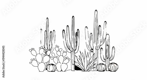 Hand-drawn desert flora with saguaros, prickly pear, and agave