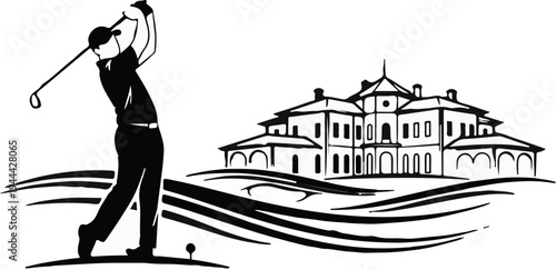 Golfer swings club near grand building on rolling hills