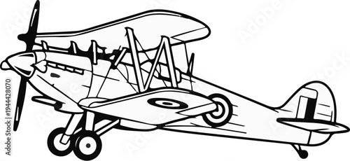 Line art of a vintage biplane with propeller and wheels, side view