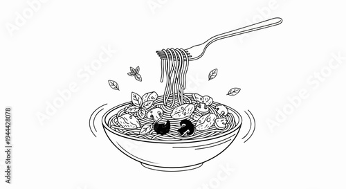 Hand-drawn illustration of a bowl of pasta with mushrooms and basil, twirled on a fork