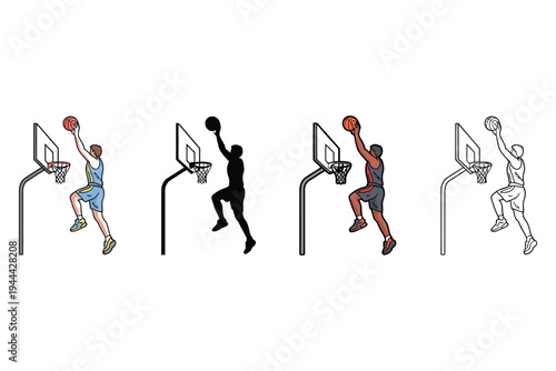 Basketball player vector set, man playing basketball in various styles, male athlete jumping for slam dunk, action poses