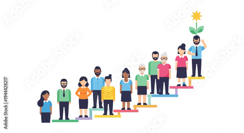 Diverse Professional Team Ascending Steps to Career Growth, Success, and Development. Employee Progress, Business Achievement Ladder.