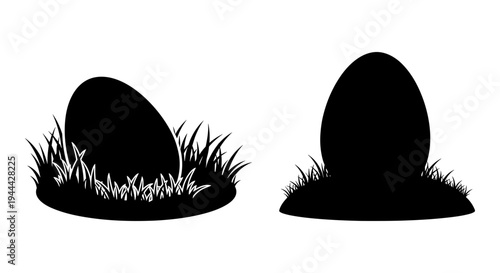 Two stylized eggs emerging from grassy patches in a minimalist design. Vector, illustration