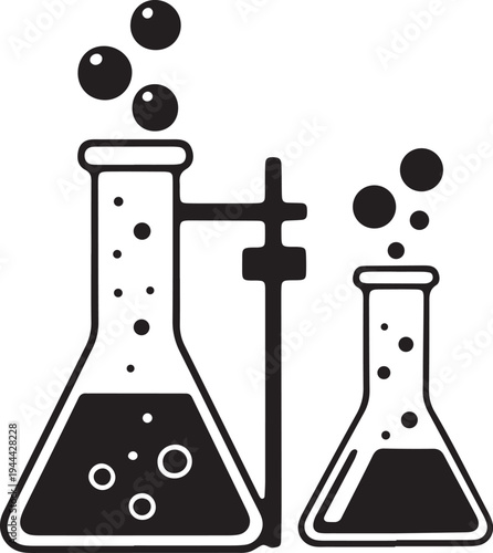 Two laboratory flasks connected by a valve with bubbles rising and escaping