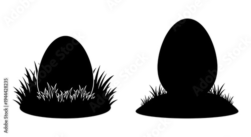 Two stylized eggs emerging from grassy patches in a minimalist black and white design Vector, illustration