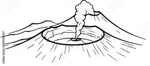 Line art of an erupting volcano with smoke billowing from the crater