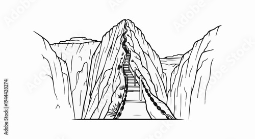 Imposing mountain path with steep rock faces and wooden stairs