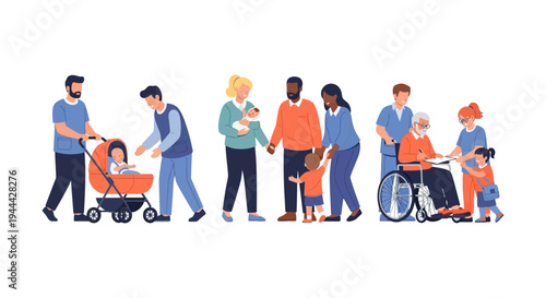 Diverse Families, Multigenerational Support & Inclusive Care: Life Stages Illustration