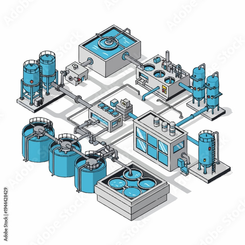 Isometric Industrial Water Treatment Plant Diagram.