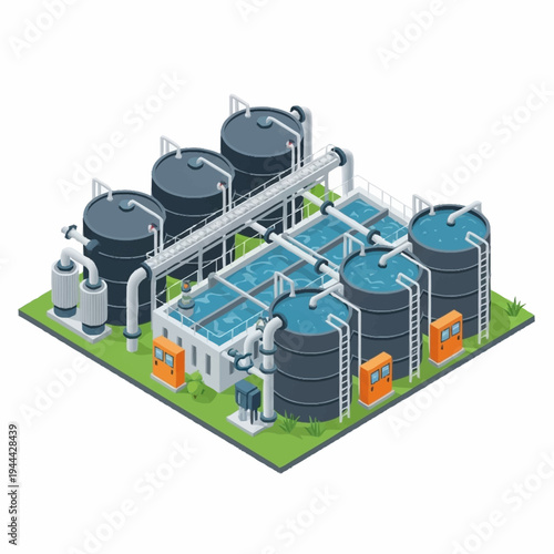 Isometric industrial water treatment plant with tanks and pipes.