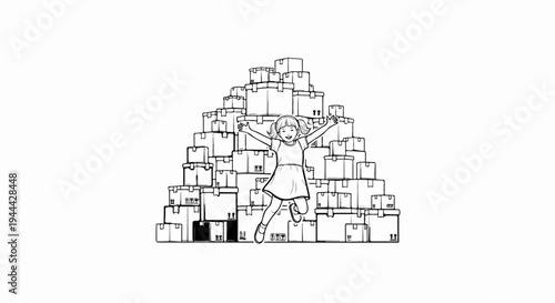 Joyful girl jumps amidst a large pile of stacked delivery boxes