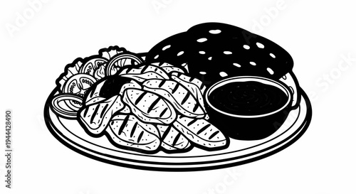 Grilled meat slices with salad and sauce on a plate