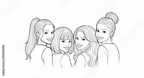 Four smiling young women with different hairstyles, shown from the shoulders up