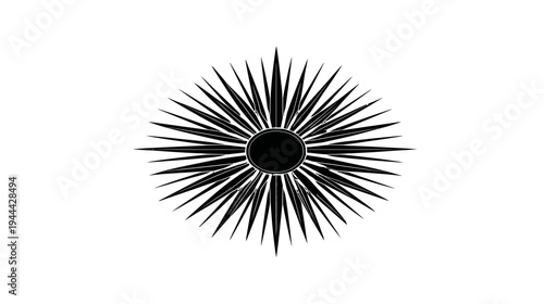 Black abstract sunburst graphic with jagged, linear rays against a white background