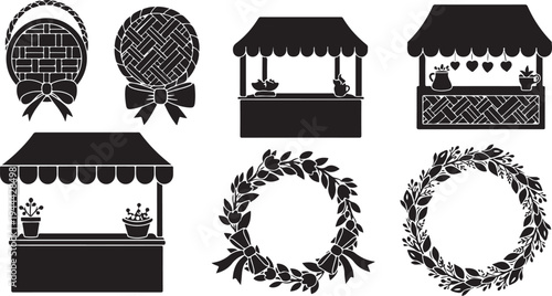 Black and white Christmas market icons and wreaths