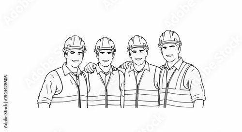 Four smiling men in hard hats and safety vests stand together