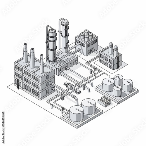 Isometric Line Art Illustration of a Detailed Industrial Factory Complex.