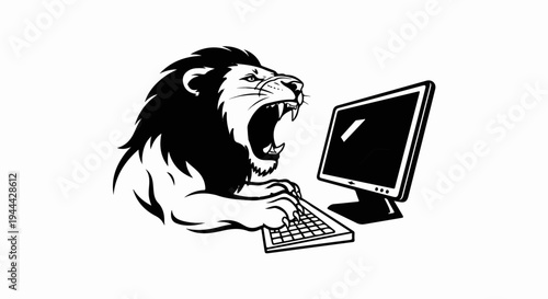 Fierce lion with mouth open typing on computer keyboard