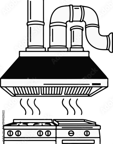 Kitchen vent hood over a stovetop with rising steam, line drawing