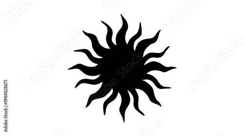 A stark black sun silhouette with wavy rays set against a pristine, white background