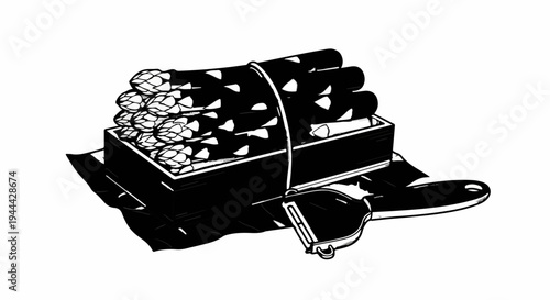 Fresh asparagus bundle in a box with a peeler on a white background