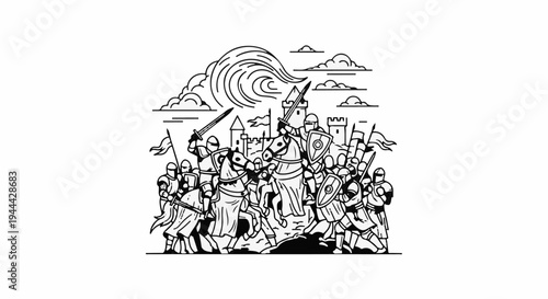 Knights in armor engage in a fierce battle before a castle under cloudy skies