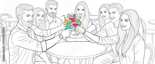 Group of friends toasting colorful cocktails at a round table in an outdoor cafe