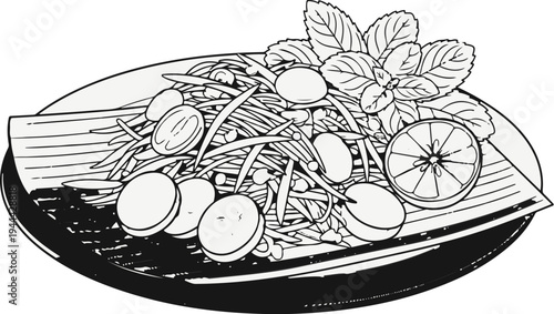 Fresh salad with lemon and herbs on a plate, black and white line art