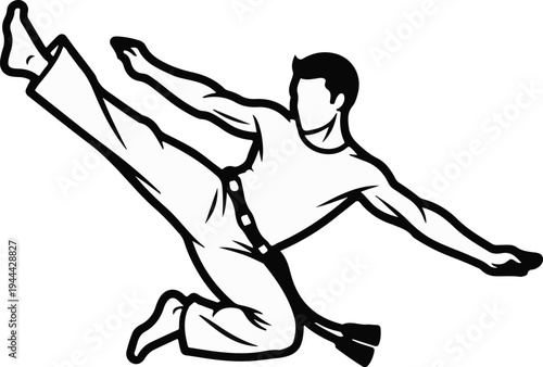 Figure in dynamic pose, striking with leg