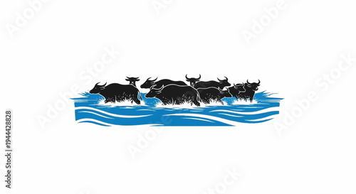 Herd of black water buffalo wading through blue, wavy water