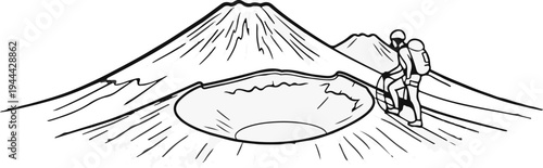 Hiker climbing mountain near crater edge